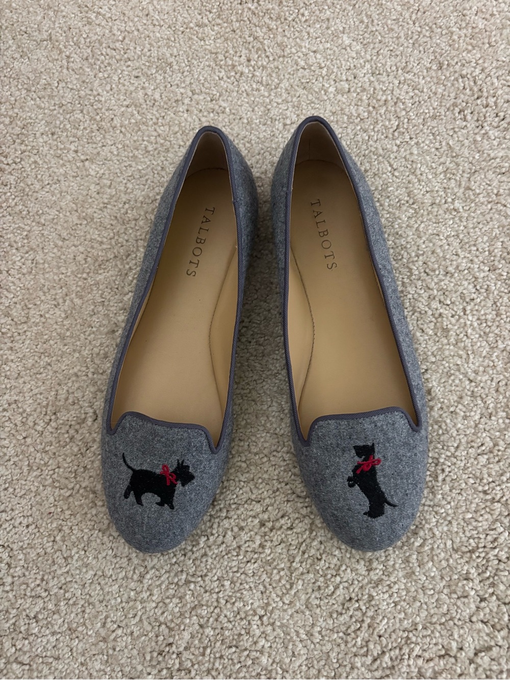 Talbots Flats Womens 6.5 Gray Slip On Scottie Dog Embroidery Preppy Casual